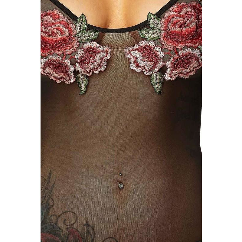 Sheer Top Bodysuit with Rose Flower Cover