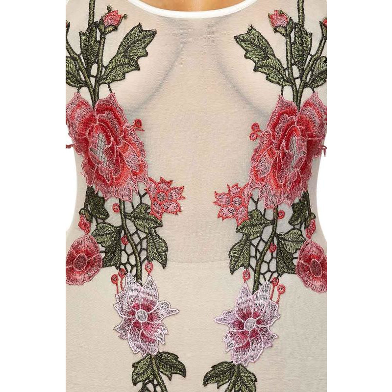 Sleeveless Mesh Bodysuit with Floral Patchwork Embellishment