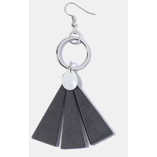 Wooden Fan & Seaglass Earrings-Silver/Black