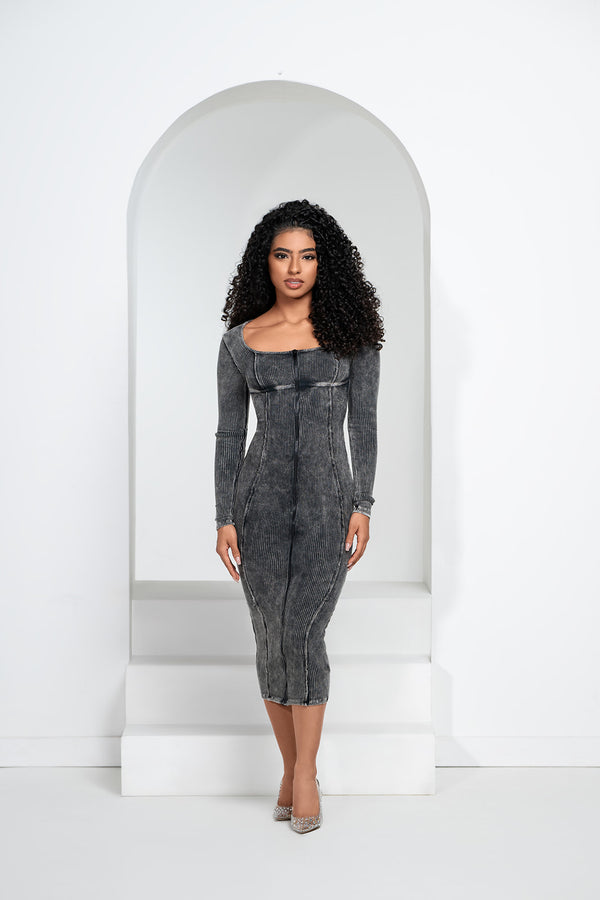 Grey Acid Wash Midi Dress