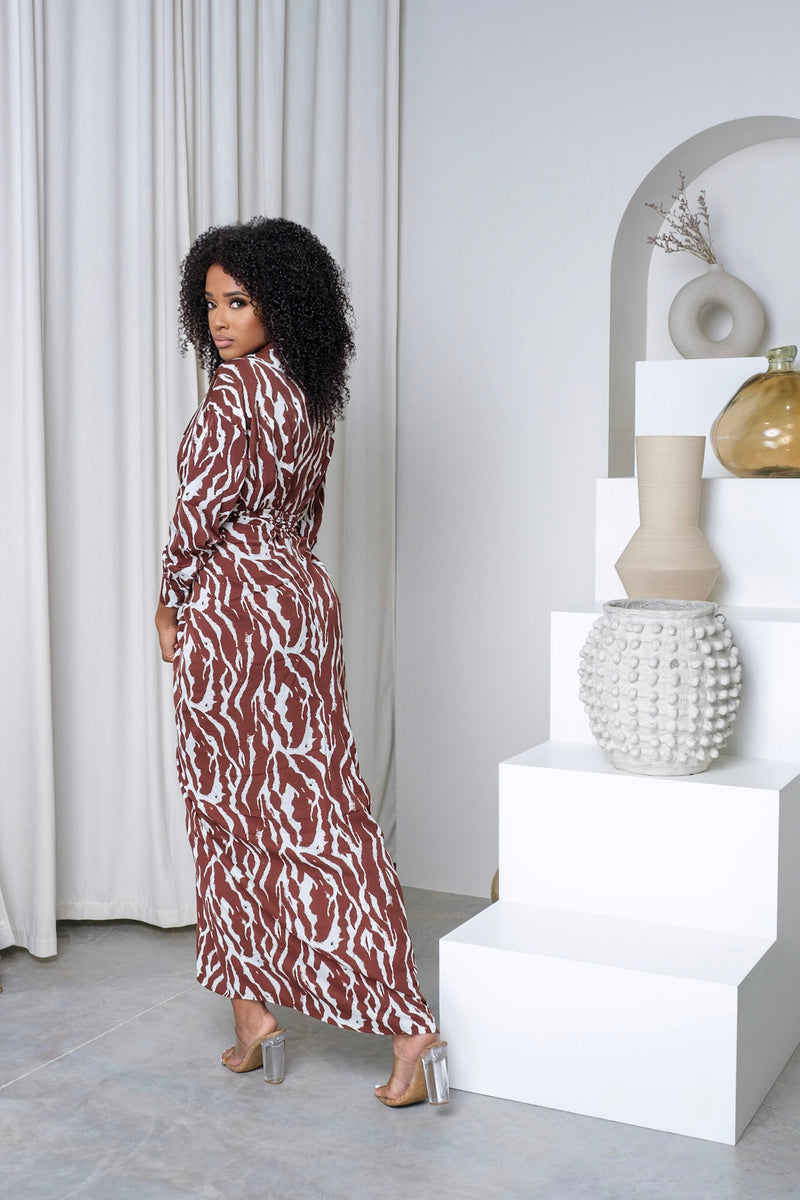 Brown Long Sleeve Striped Maxi Dress