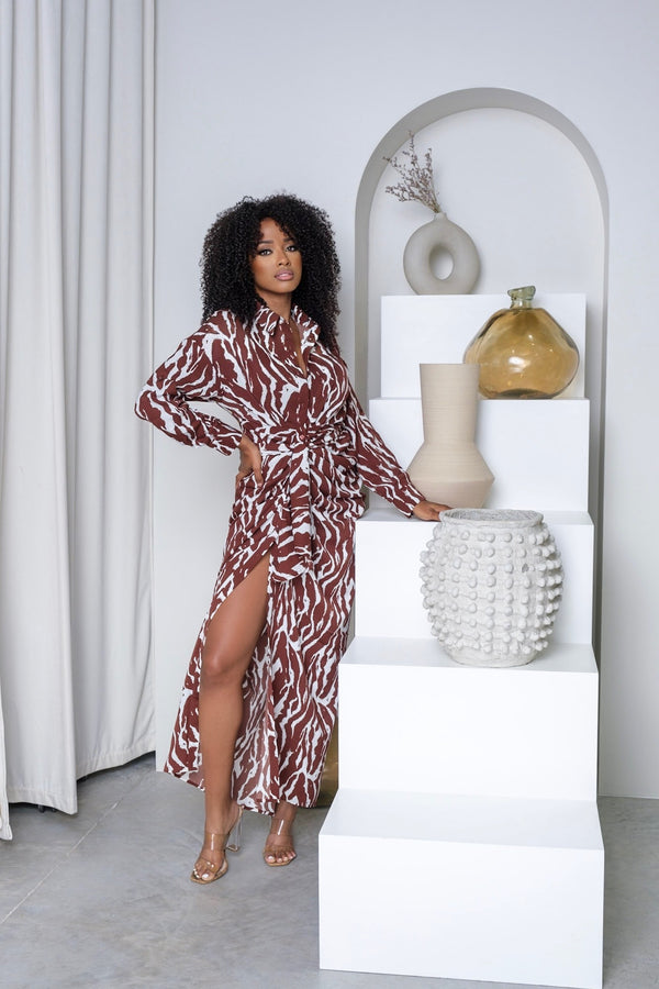 Brown Long Sleeve Striped Maxi Dress