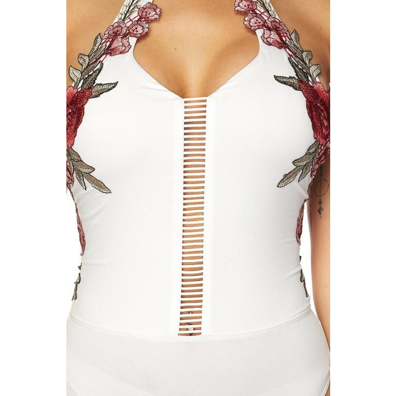 Embroidered Rose Halter Bodysuit