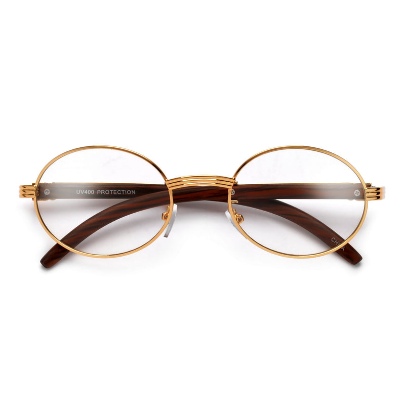 Metal Brown Wood Round Clear Glasses Gold - Brown Wood Frame / Clear