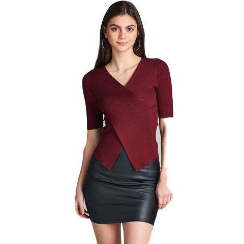 Wrap Front Ribbed Top (Burgundy)