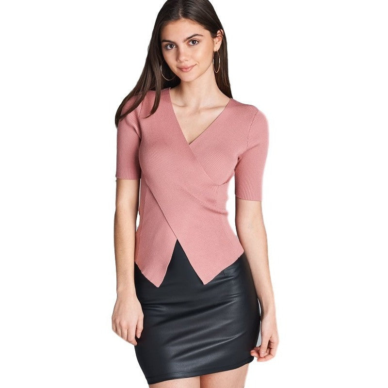 Wrap Front Ribbed Top (Burgundy)