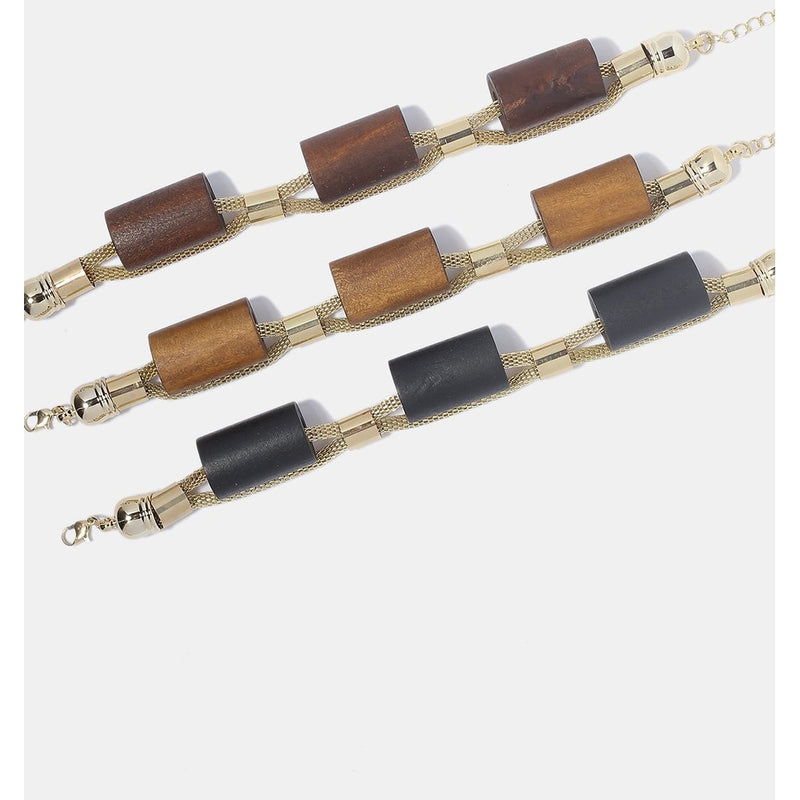 Wooden Bead Mesh Chain Bracelet-Dark Brown