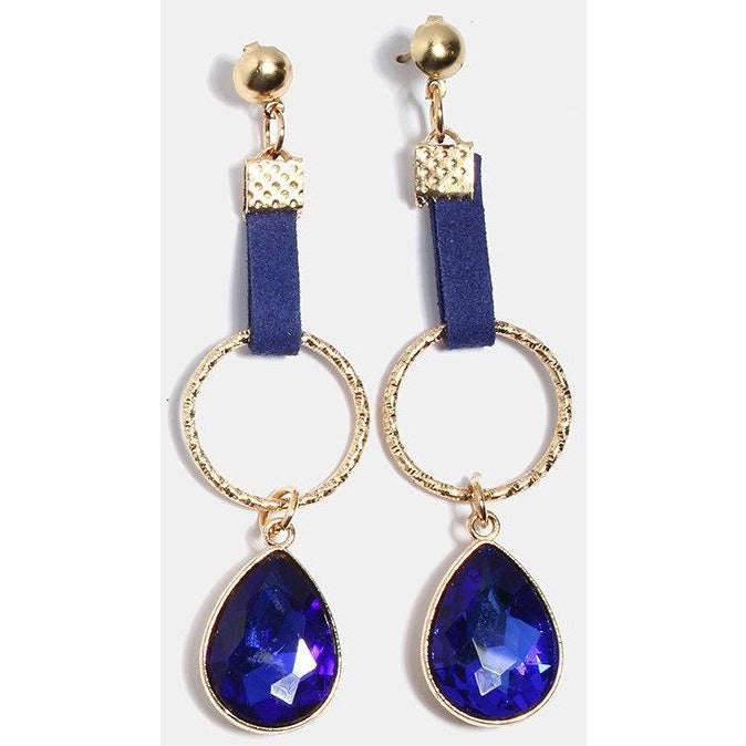 Suede Tear Drop Gem Earrings-Blue