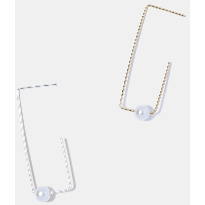 Rectangle Hoop Pearl Earrings-Gold