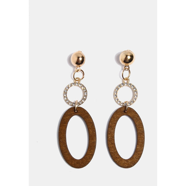 Wooden Oval & Rhinestone Circle Earrings-Light Brown