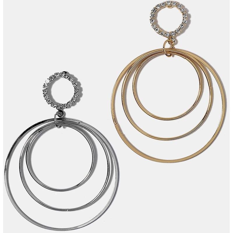 Rhinestone Layered Circle Earrings-Silver