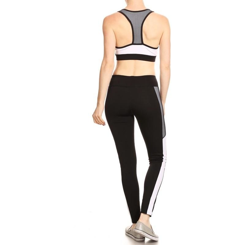 Black and White Color Block Sports Bra and Leggings Set