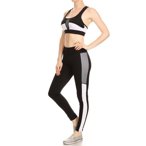 Black and White Color Block Sports Bra and Leggings Set