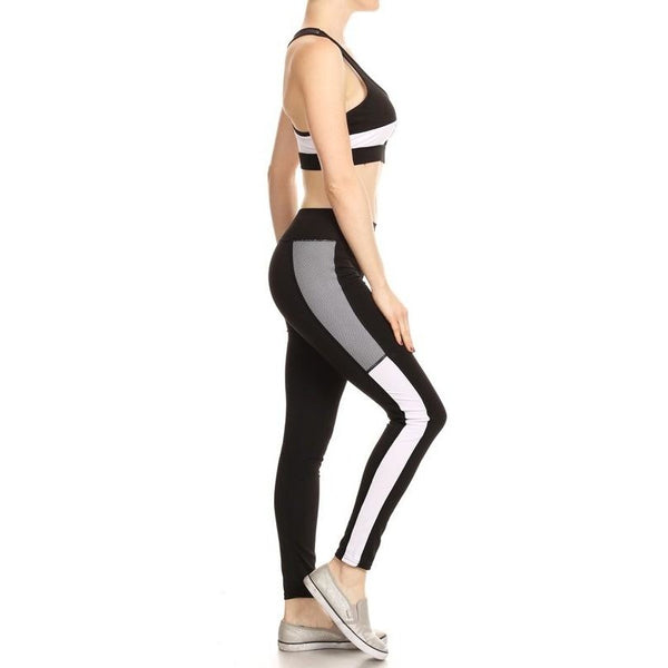 Black and White Color Block Sports Bra and Leggings Set