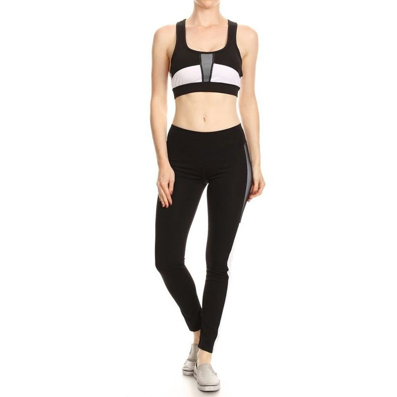 Black and White Color Block Sports Bra and Leggings Set