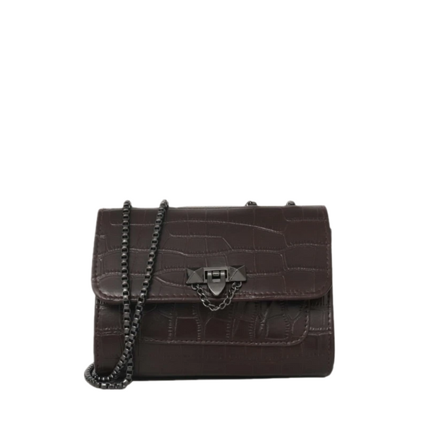 Coffee Brown Croc Embossed Flap Crossbody Bag