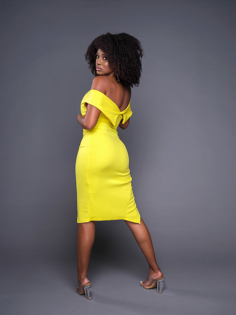 Yellow Off The Shoulder Wrap Skirt Midi Dress