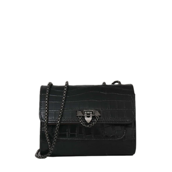 Black Croc Embossed Flap Crossbody Bag