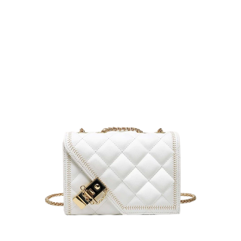 White Quilted Toggle Lock Flap Crossbody Bag