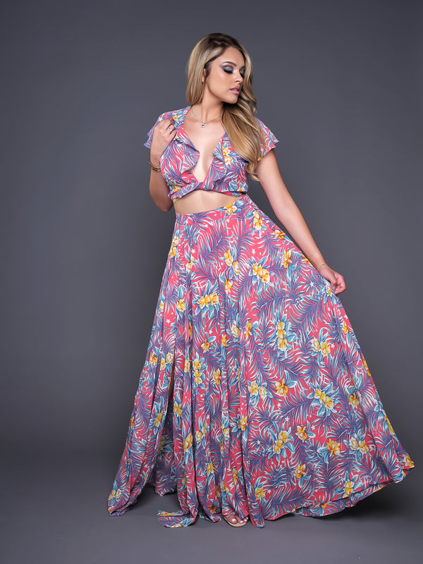 Floral Print Ruffle Crop Top and Skirt Set