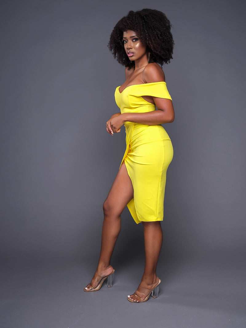 Yellow Off The Shoulder Wrap Skirt Midi Dress