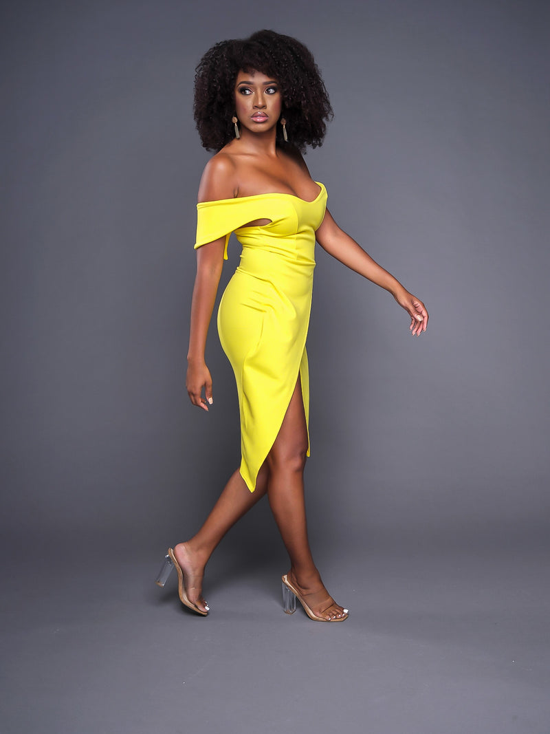 Yellow Off The Shoulder Wrap Skirt Midi Dress