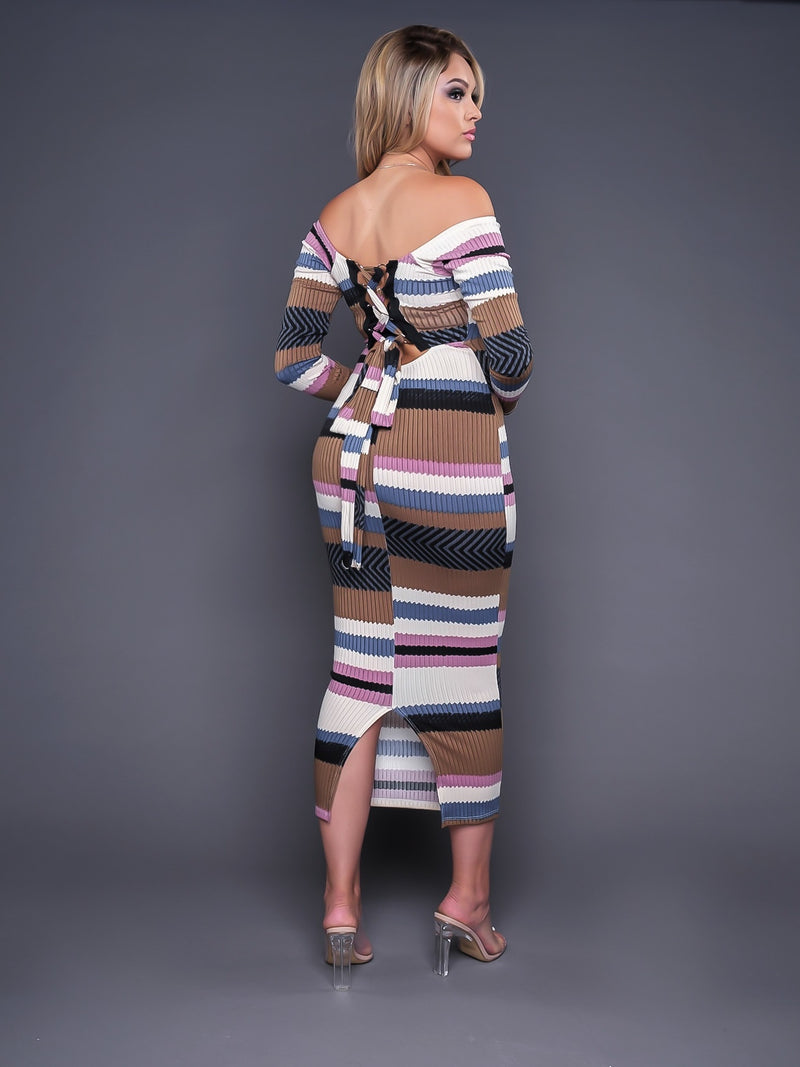 Tie Back Multi Colored Long Sleeve Maxi Dress