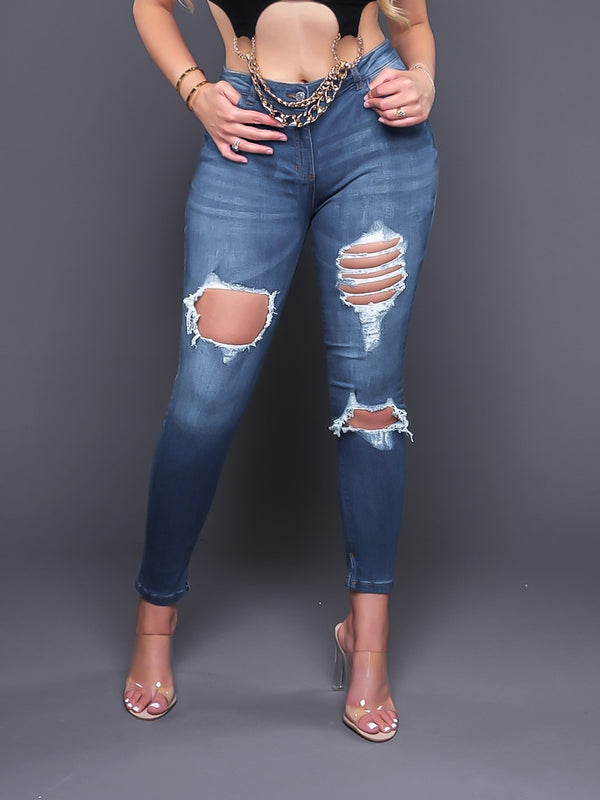 Acid Wash Distressed Extreme Rip Skinny Jeans - Mid Blue Wash